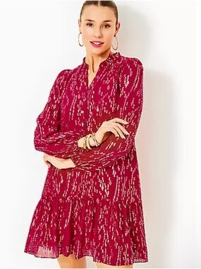 Lilly Pulitzer Evaline Silk Dress in Malbec Red Fish Clip Chiffon NWT